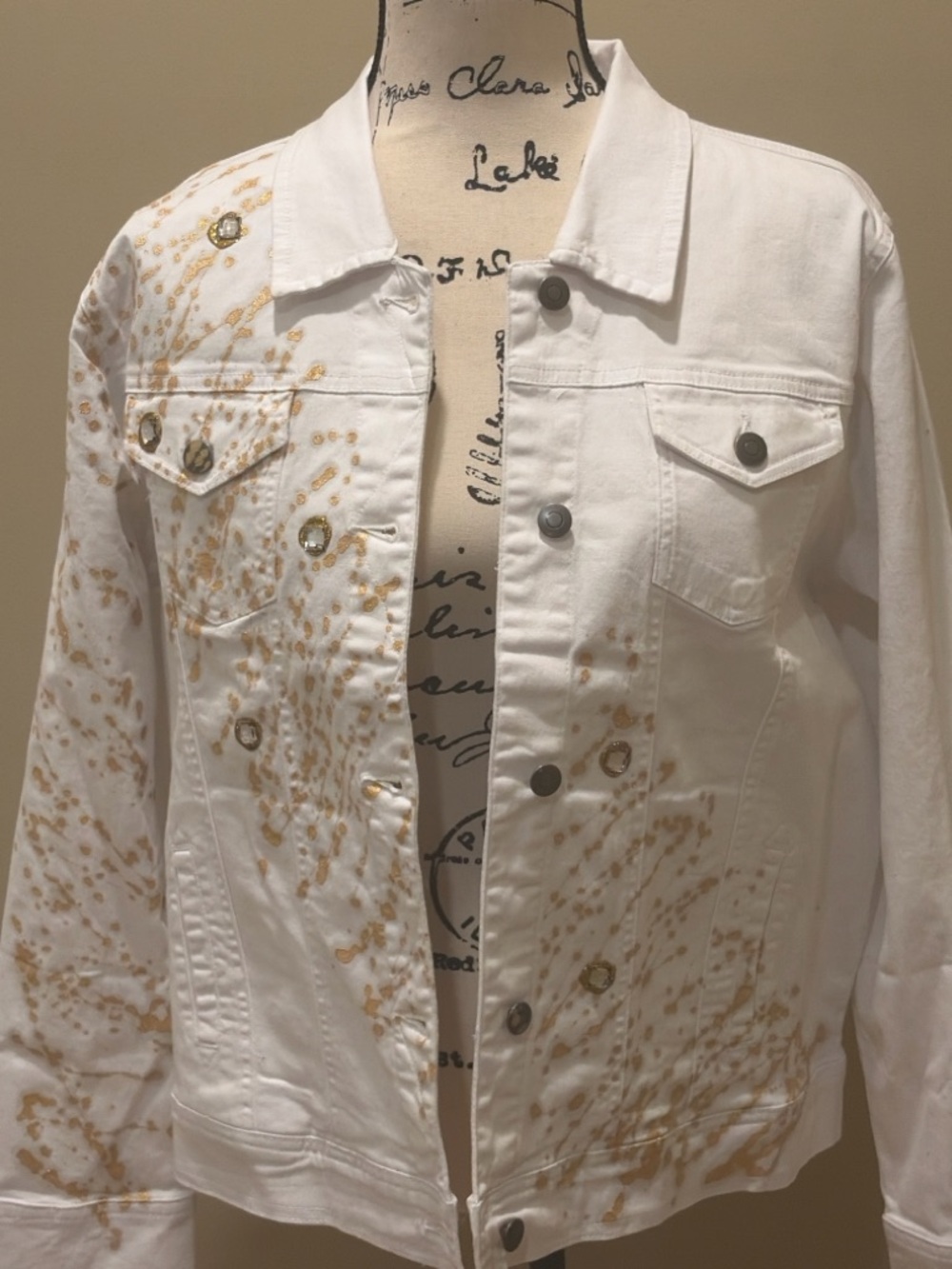 Victoria White Denim Jacket Gold Paint Splatter Embellished Button Front Size M
